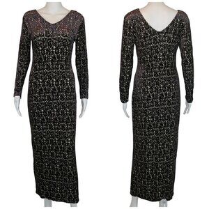 Vintage 90s Y2K Caron Joy Designworks Maxi Dress Black Velour Burnout Stretch